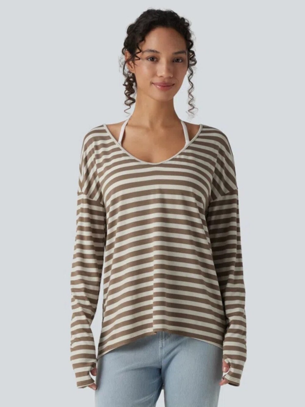 Striped V-Neck Long Sleeve Top in Taupe and Cream